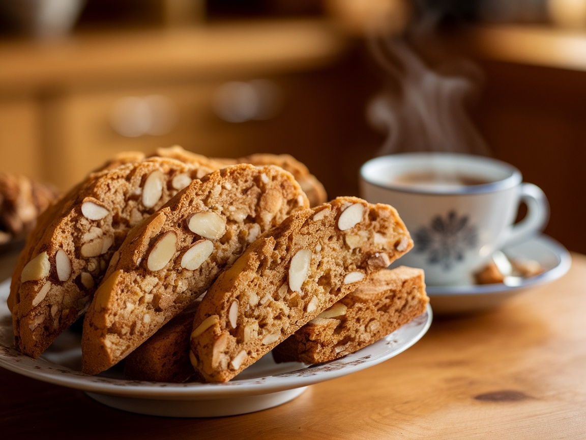 Plate of golden almond biscotti with coffee in a cozy kitchen setting.